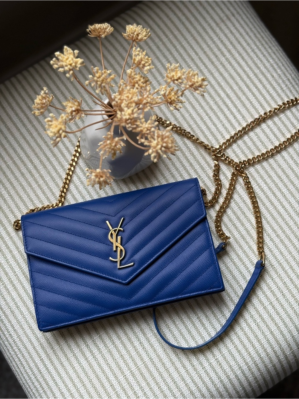 Yves Saint Laurent Royal Blue Quilted Leather Cassandra Envelope with Gold Chain